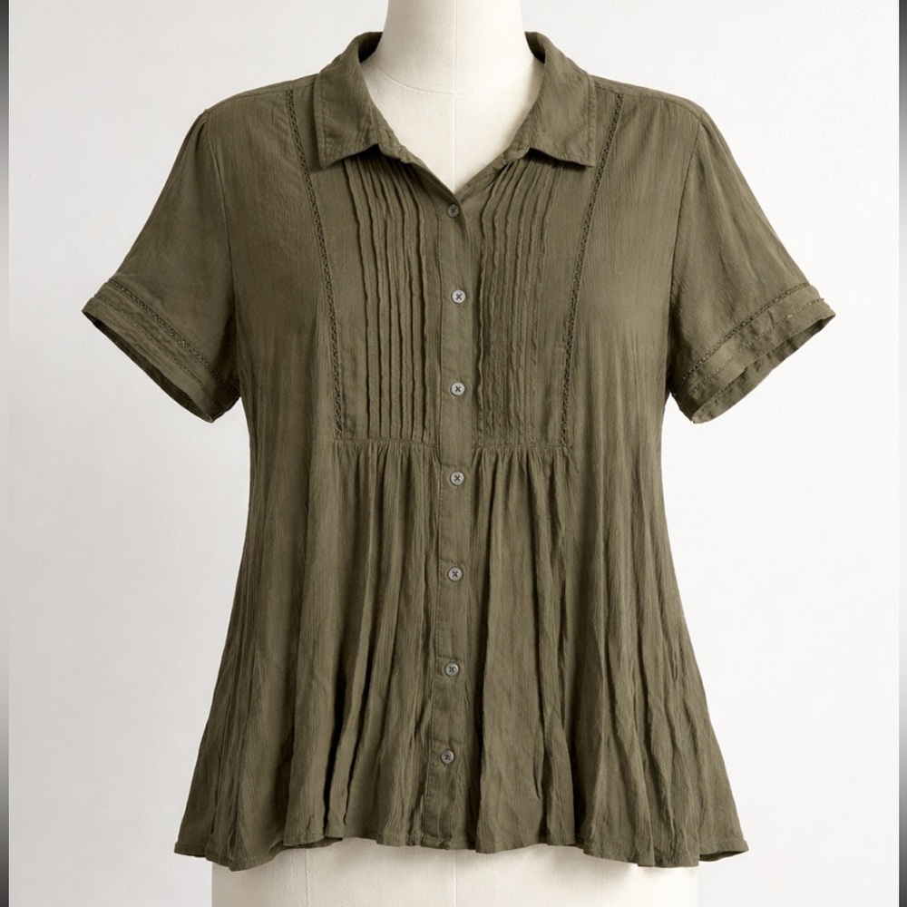 Style & Co Olive Green Pintuck Short Sleeve Button Front Shirt
